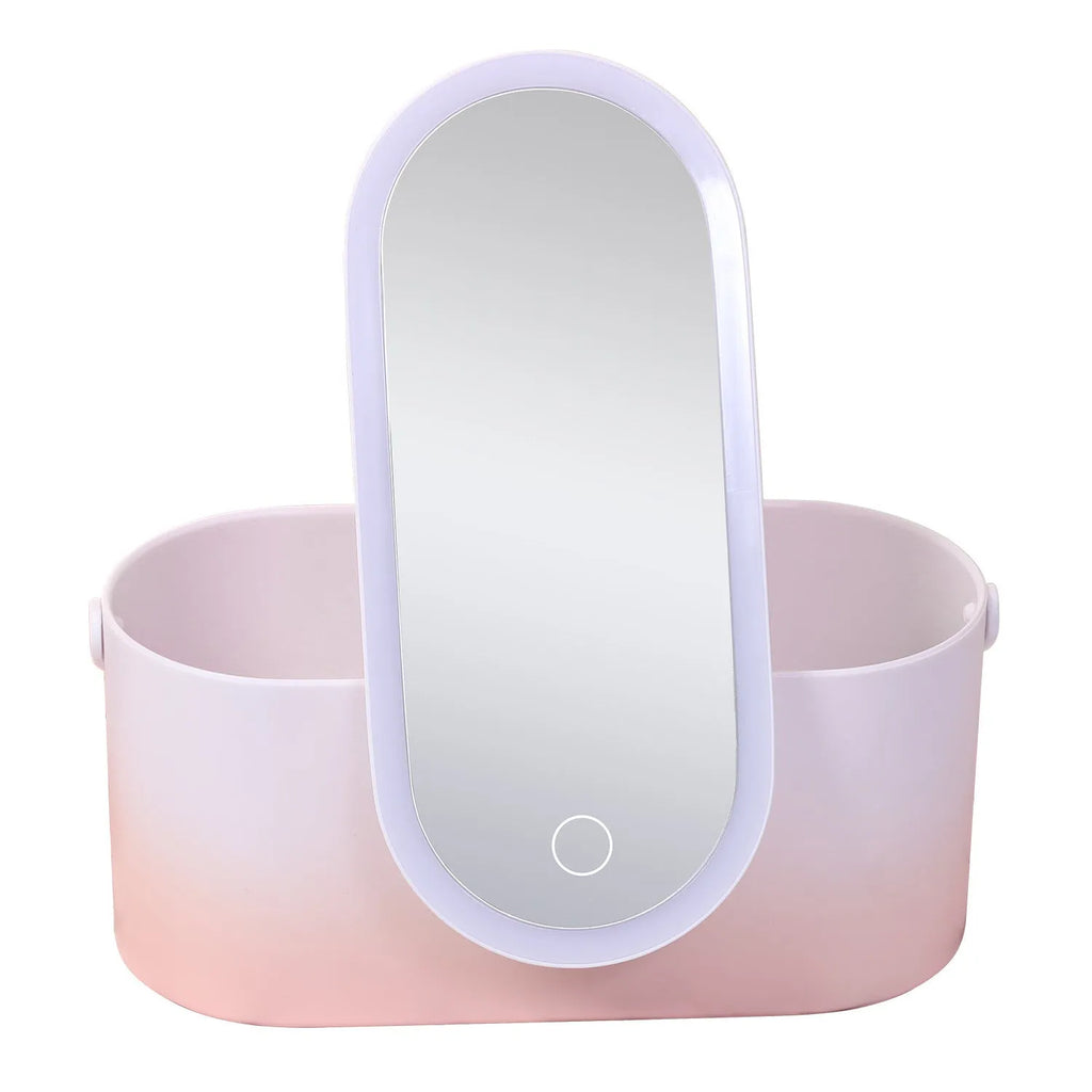 Pink gradient LED makeup mirror storage box with USB charging port