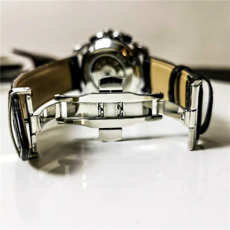 Men's automatic mechanical watch showing options for silver, black, and gold steel cases with white or black dials.