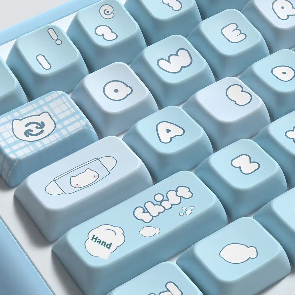 Watercolour cat design custom keycap set for mechanical keyboards, showing multiple PTB keycaps with opaque legends.