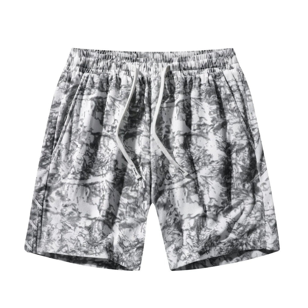 Men's camouflage pattern athletic shorts in polyester corduroy fabric showing straight cut design