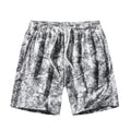 Men's camouflage pattern athletic shorts in polyester corduroy fabric showing straight cut design