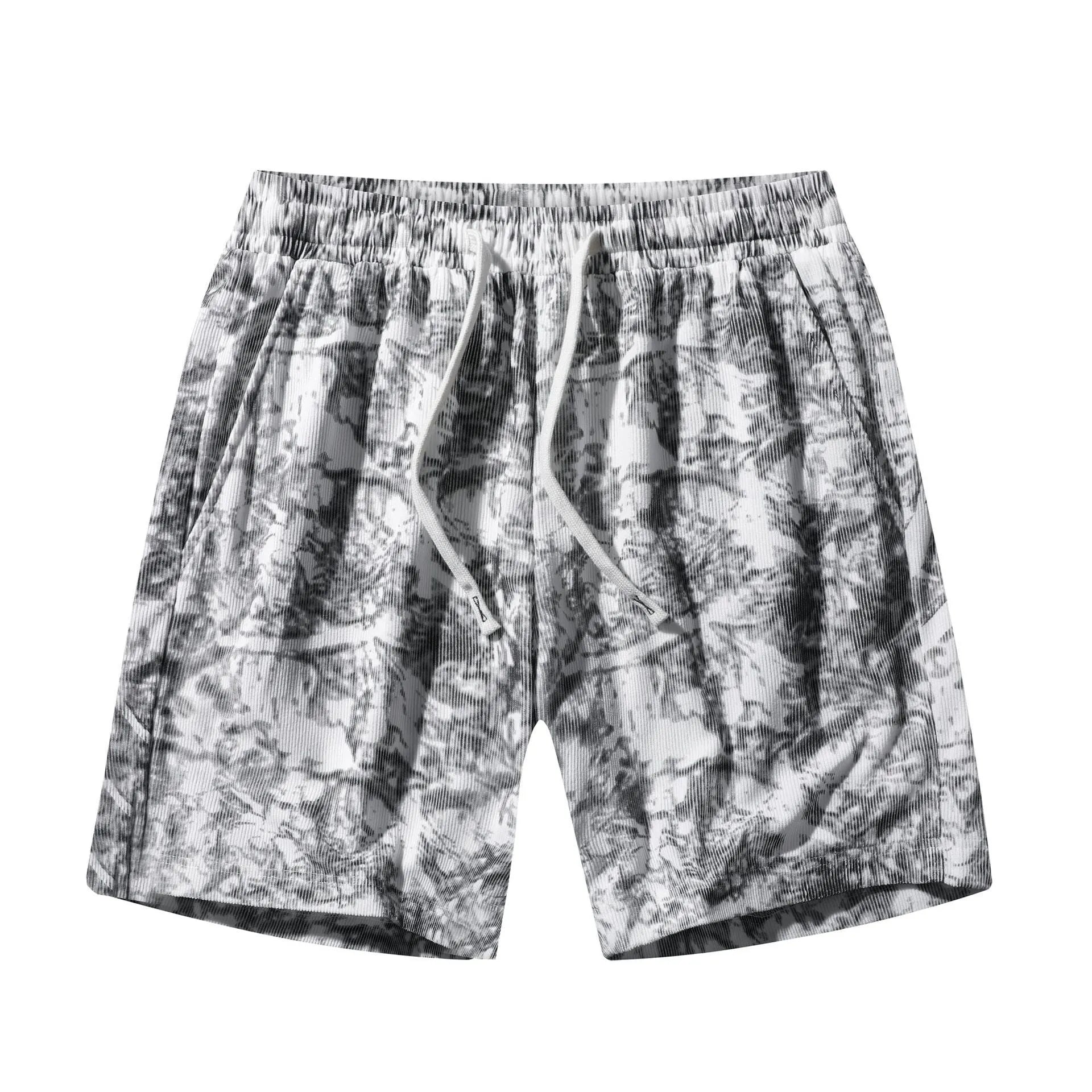 Men's camouflage pattern athletic shorts in polyester corduroy fabric showing straight cut design