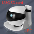 White compact mobile surveillance robot camera on a charging dock.