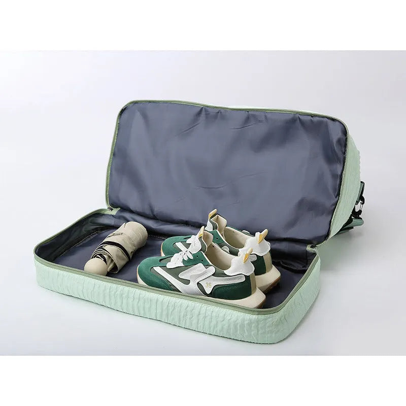 Solid colour Oxford cloth travel duffle bag with ruched design and dry wet separation, shown in a neutral colour