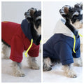 Dog wearing dark red hooded pullover with contrast colour styling