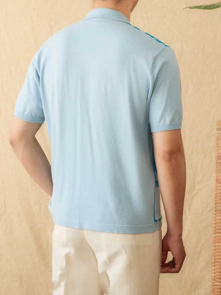 Short-sleeved striped knit polo cardigan with a lapel collar in a light blue colour.