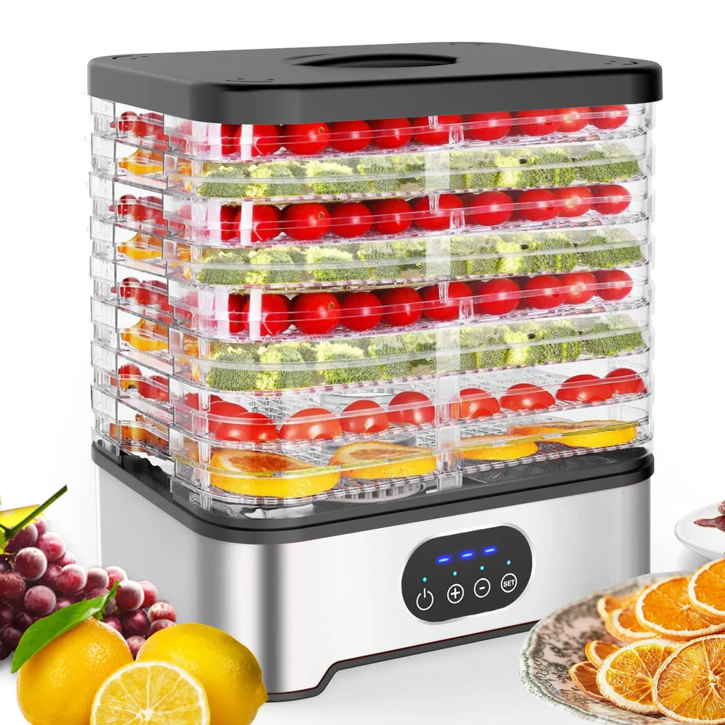 Silver and red food dehydrator with eight stainless steel drying trays, shown with storage dimensions.