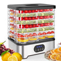 Silver and red food dehydrator with eight stainless steel drying trays, shown with storage dimensions.