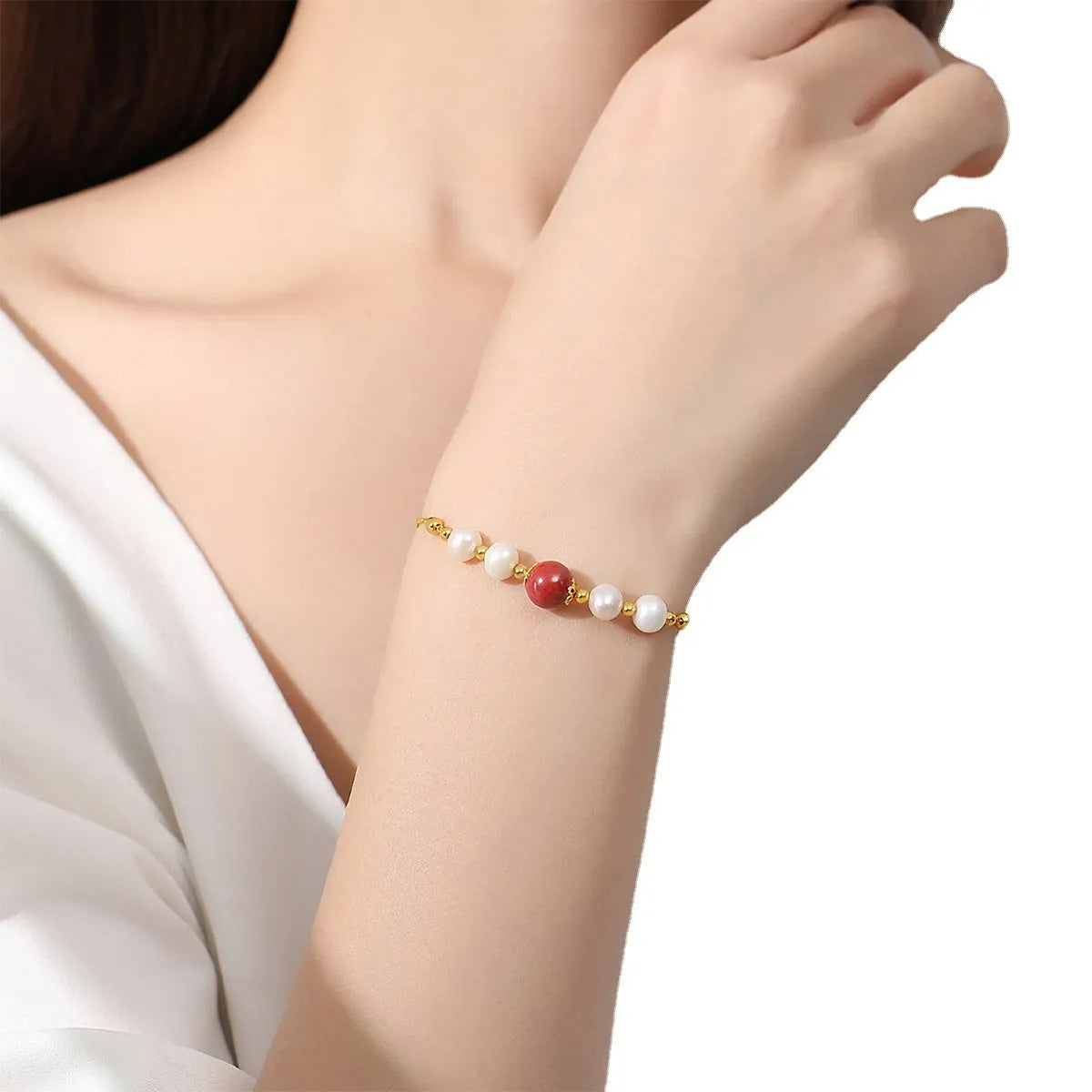 Yellow retro style 925 silver bracelet with red bean pearl cinnabar design for women