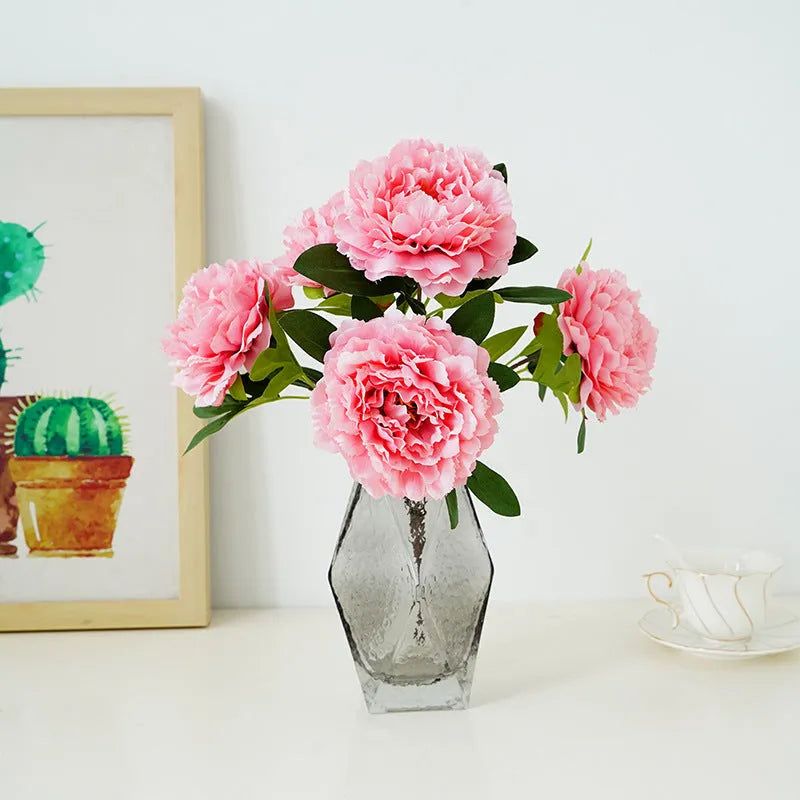 Artificial peony 5-head bouquet in light champagne, 40cm tall silk flower arrangement
