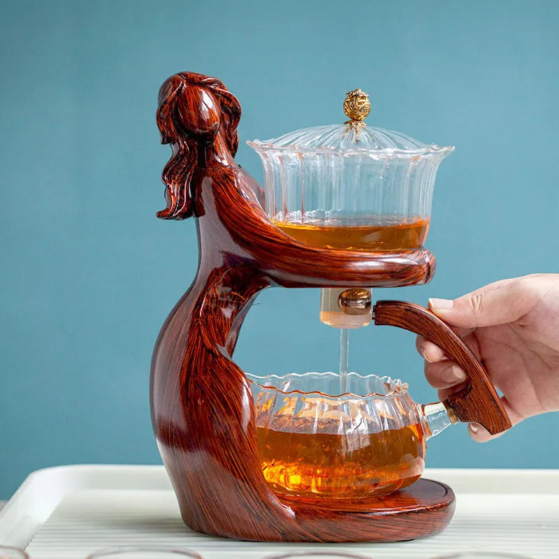 Maid semi-automatic borosilicate glass teapot set with stainless steel filter and Chinese-style woman sculpture frame