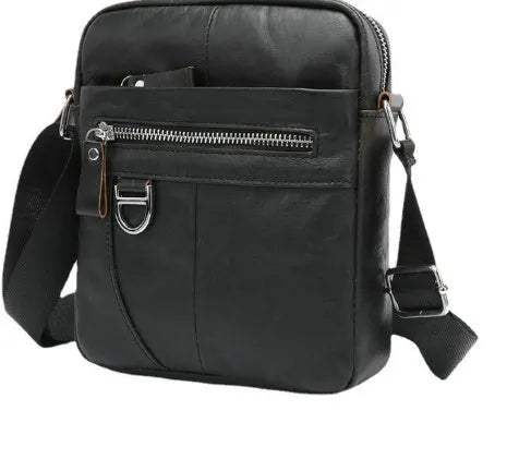 Black genuine leather crossbody messenger bag for boys with sewing line detail showing 8 inch size