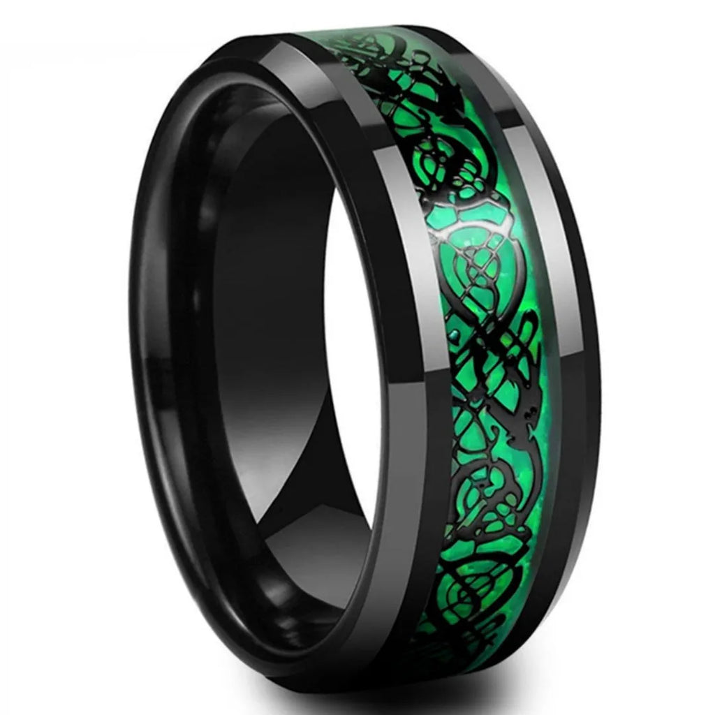 Two stainless steel rings with dragon pattern in blue and purple finish