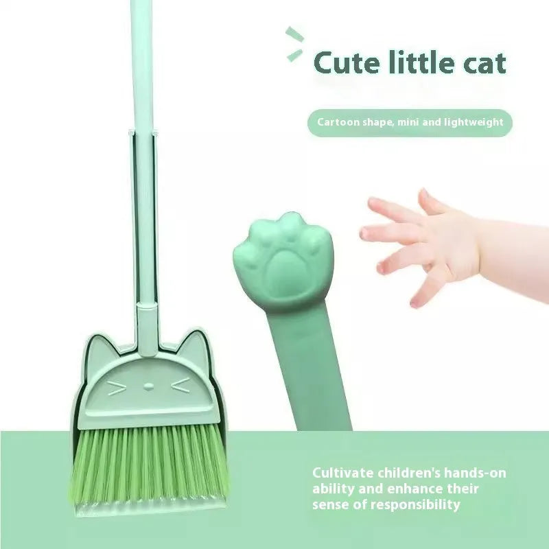 Purple, green, and beige plastic broom and dustpan set with a rotating brush head.