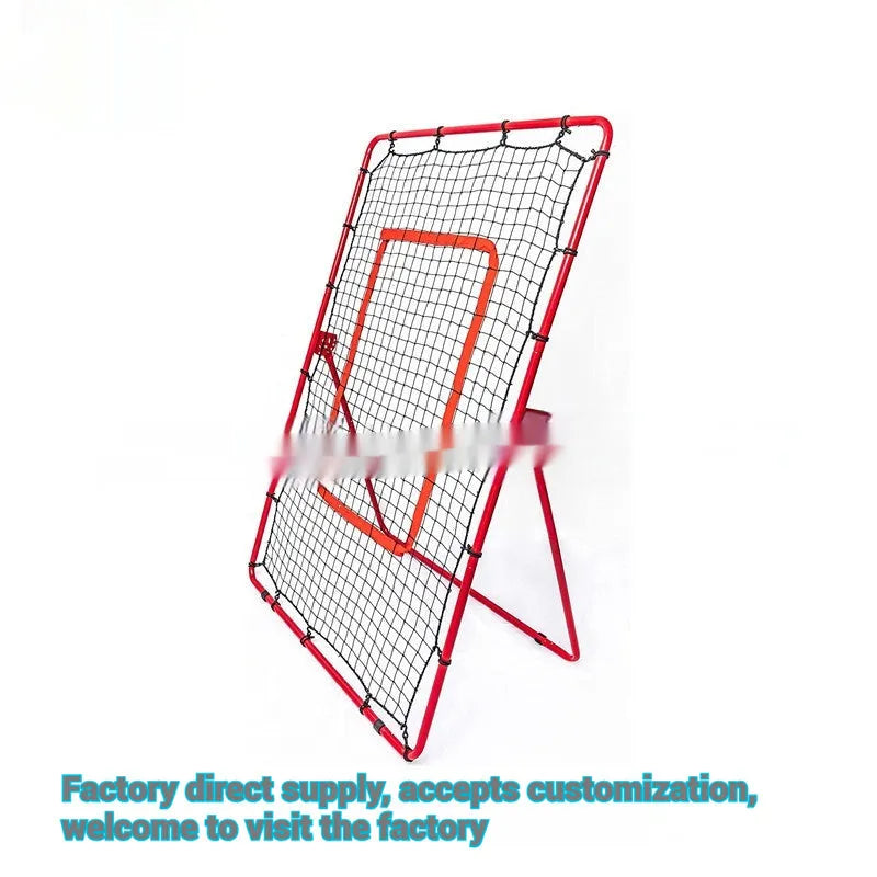 Red metal frame portable baseball training net set up for practice.