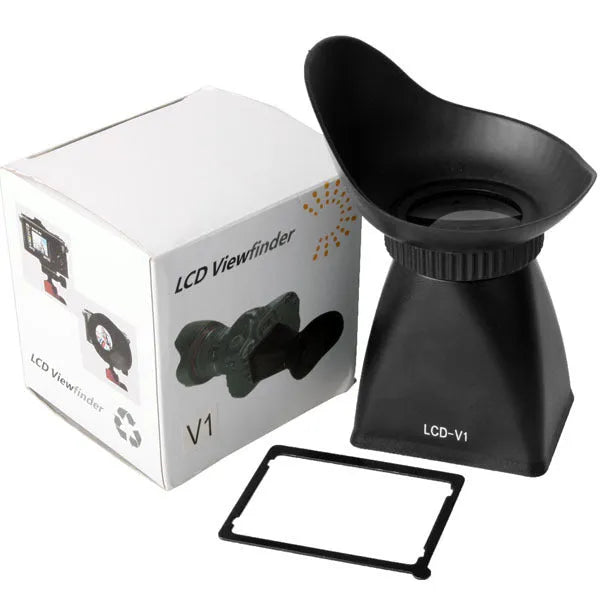 Black camera LCD magnifier with magnetic mount attached to a DSLR, showing screen magnification.
