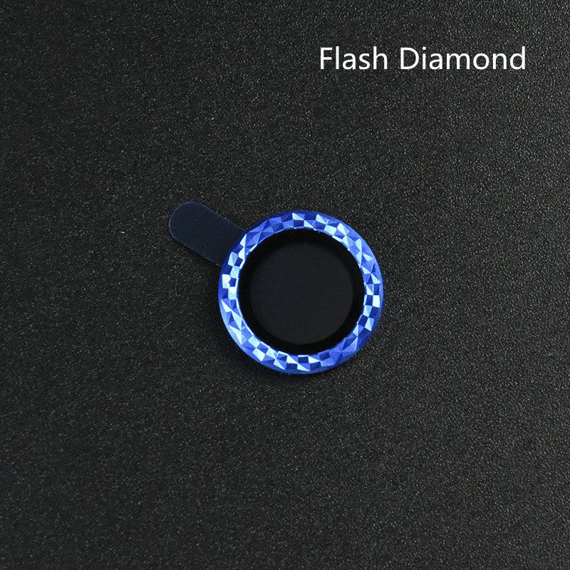 Close-up of a diamond lens protective film with aluminium ring for iPhone 12 Pro Max in silver.