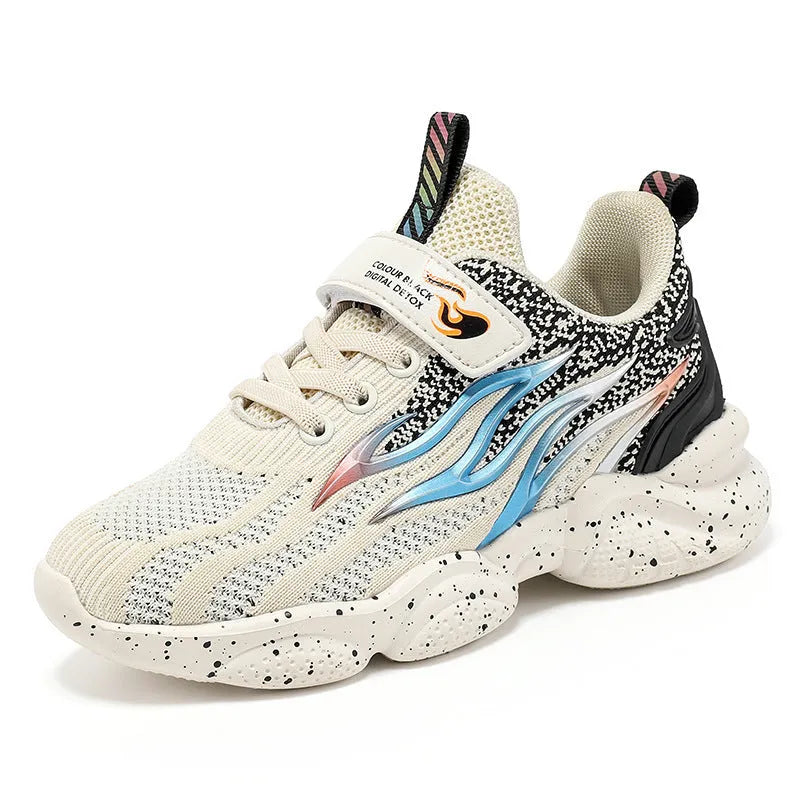 Boys classic style mesh sneakers with textile and TPU upper on anti-slip rubber sole.