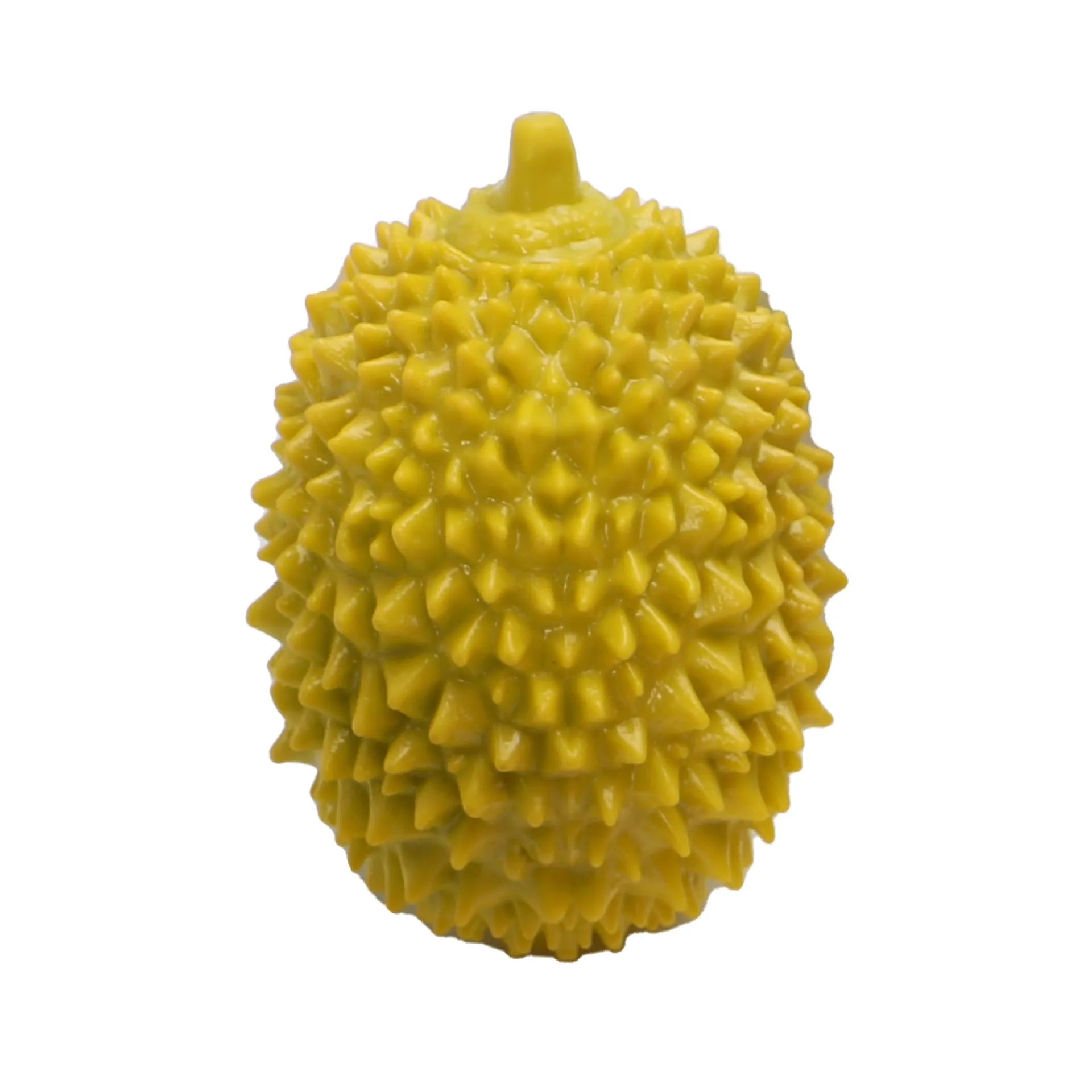 Colourful durian-shaped dog chew toy with textured surface and a squeaky ball