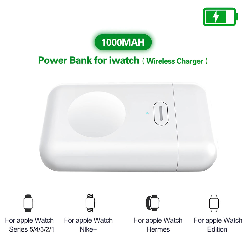 White 1000mAh wireless magnetic portable charger for Apple Watch next to an Apple Watch
