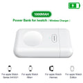 White 1000mAh wireless magnetic portable charger for Apple Watch next to an Apple Watch