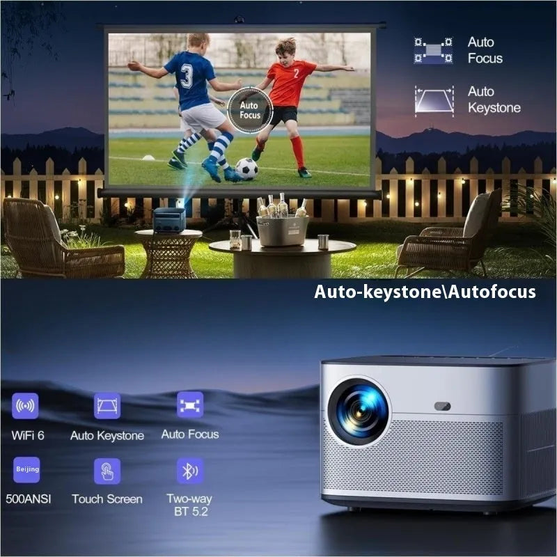 Silver portable 1080P home projector projecting a 100-inch image in a dark bedroom