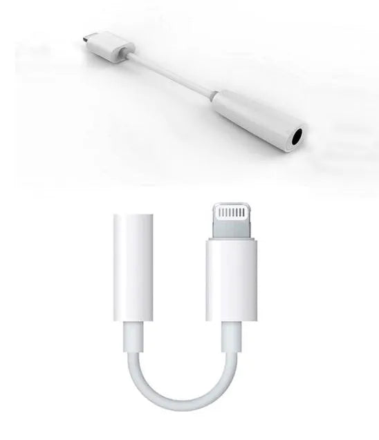 White Lightning to 3.5mm headphone adapter cable for iPhone showing 12cm TPU rubber cable with connectors