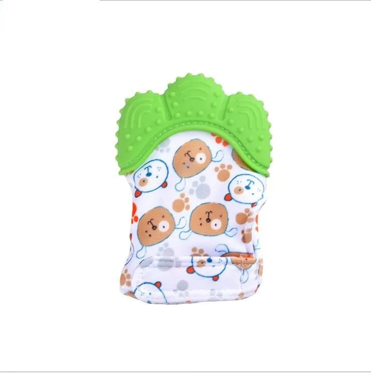 Baby silicone teething glove with Velcro strap in a smiley face yellow design.