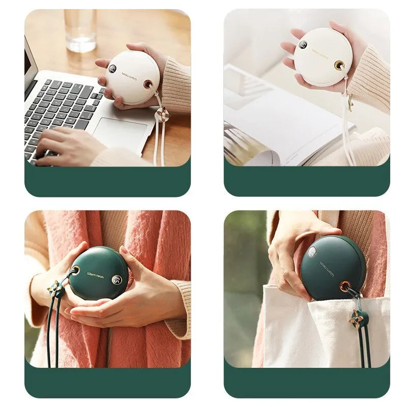 Green 5000mAh power bank hand warmer with digital display shown next to its charging cable.