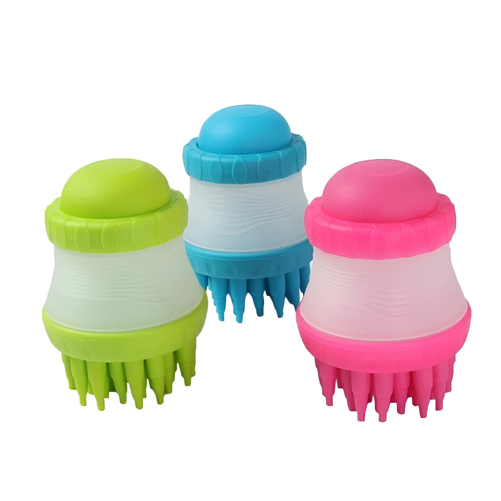 Silicone dog washing brush with built-in shampoo reservoir in blue on a white background