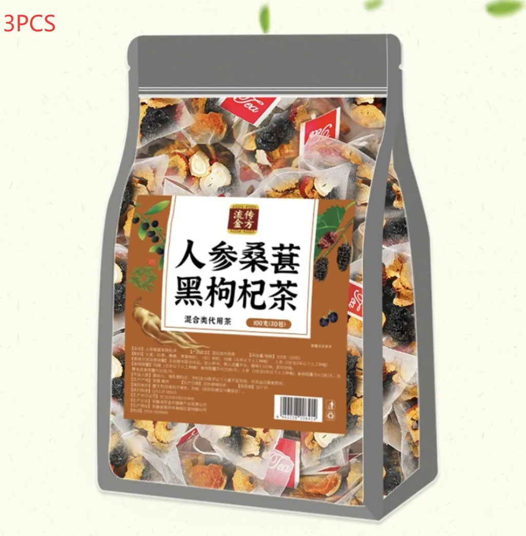 Ginseng black wolfberry tea package with 40 individual herbal tea sachets