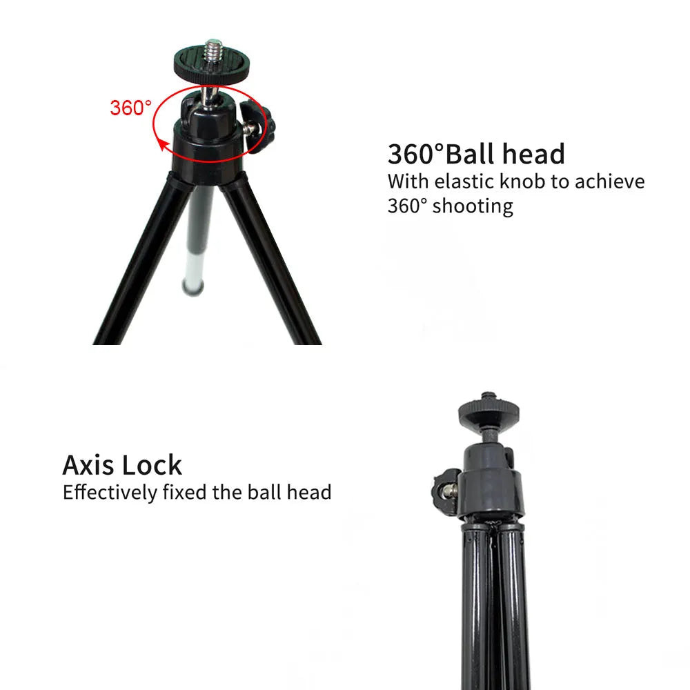 Mini aluminium tripod with ball head and black phone clip for cameras and mobile devices