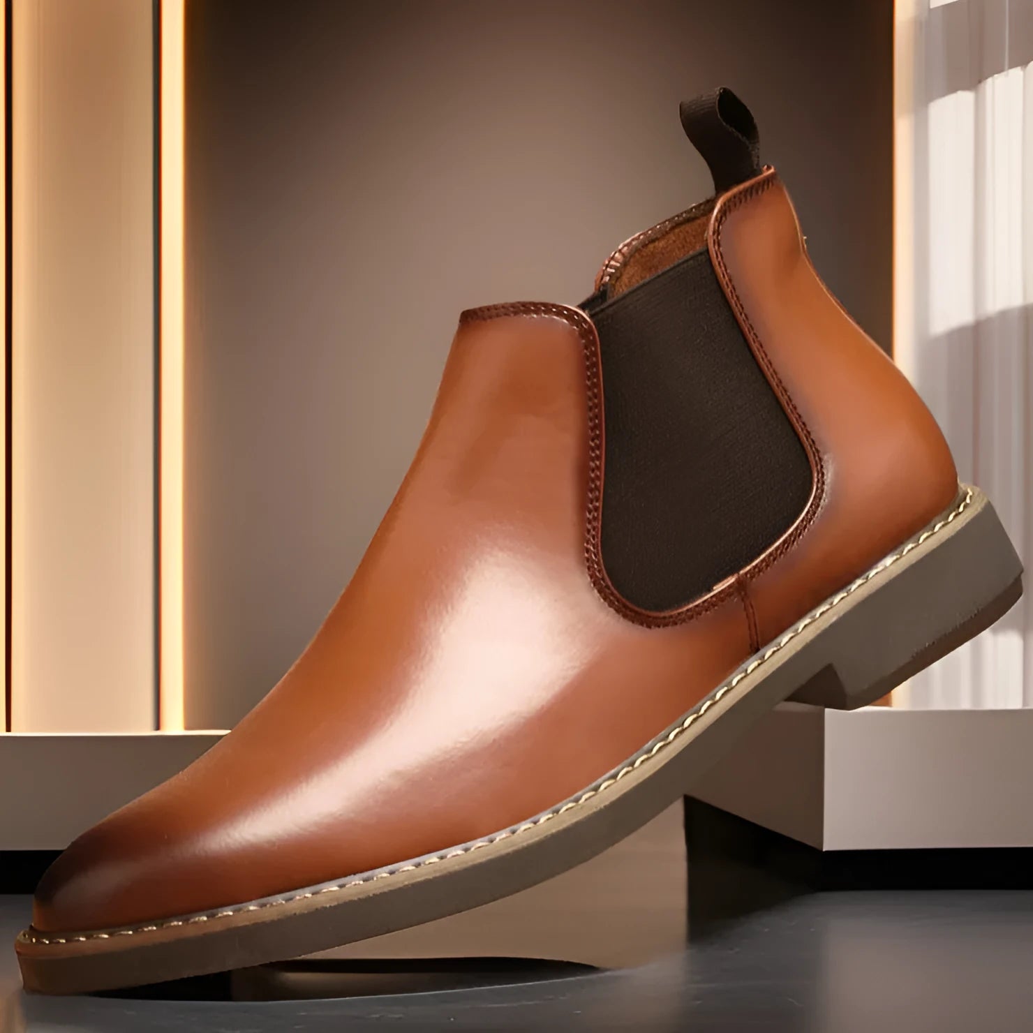 Men's black British-style mid-calf oversleeve boots with a flat square heel on a white background.