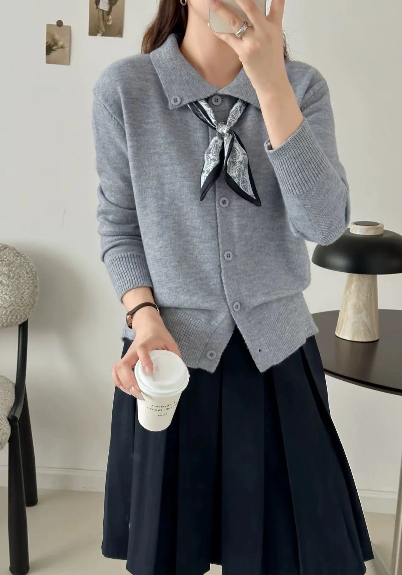 Lapel scarf sweater cardigan with colour-block splicing in acrylic fibre