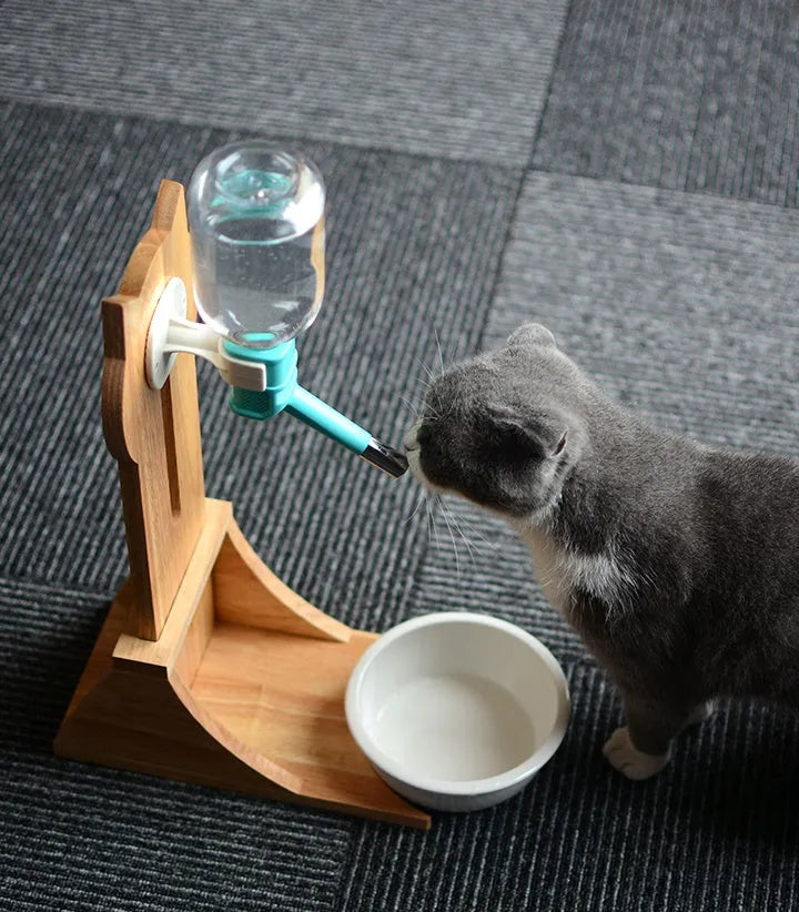Cat drinking water dispenser with 300ml plastic container on bamboo holder