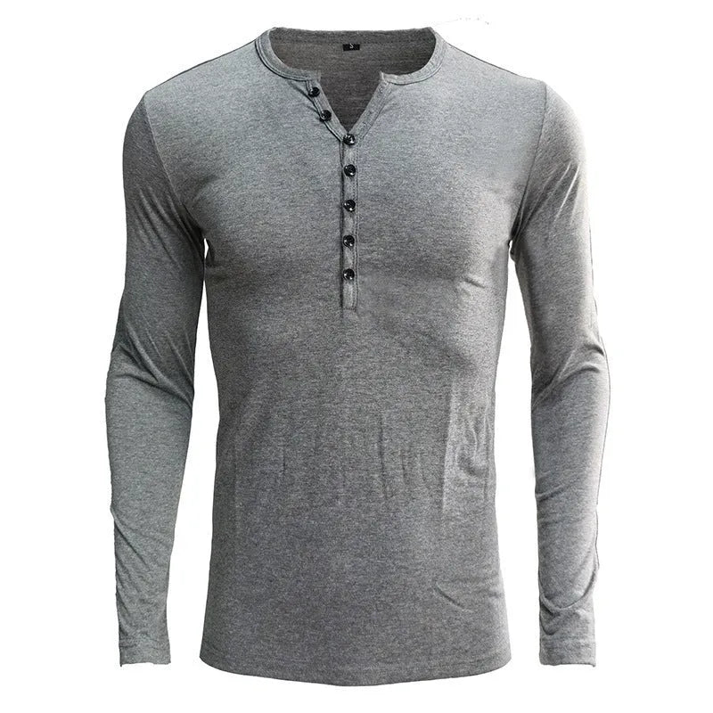 Blue men's long sleeve cotton blend T-shirt with a Henry neck on a hanger.