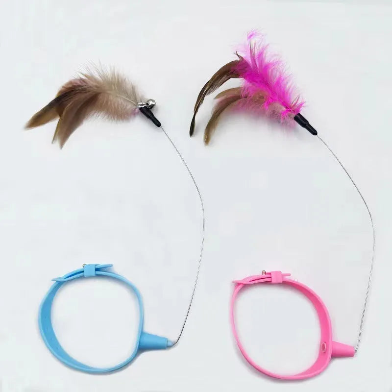 Blue adjustable cat collar toy with silicone teasing wand and feather attachment with bell