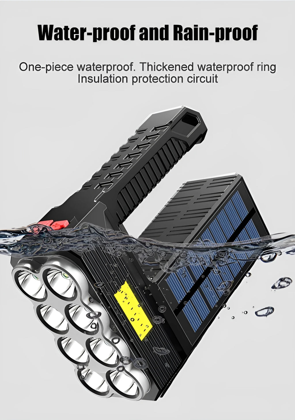 Solar rechargeable USB LED flashlight with 8 heads and side light COB, aluminium alloy body, 225g, four brightness modes