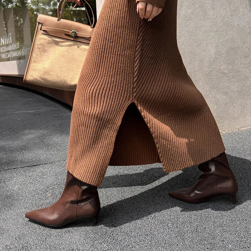 Brown elastic commuter pointed high heel boots with cowhide upper and 3-5cm mid stiletto heel