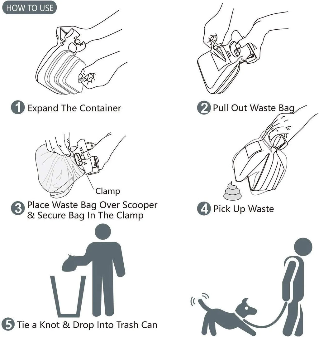 Blue portable dog pooper scooper with clip, shown unfolded with waste bag attached.