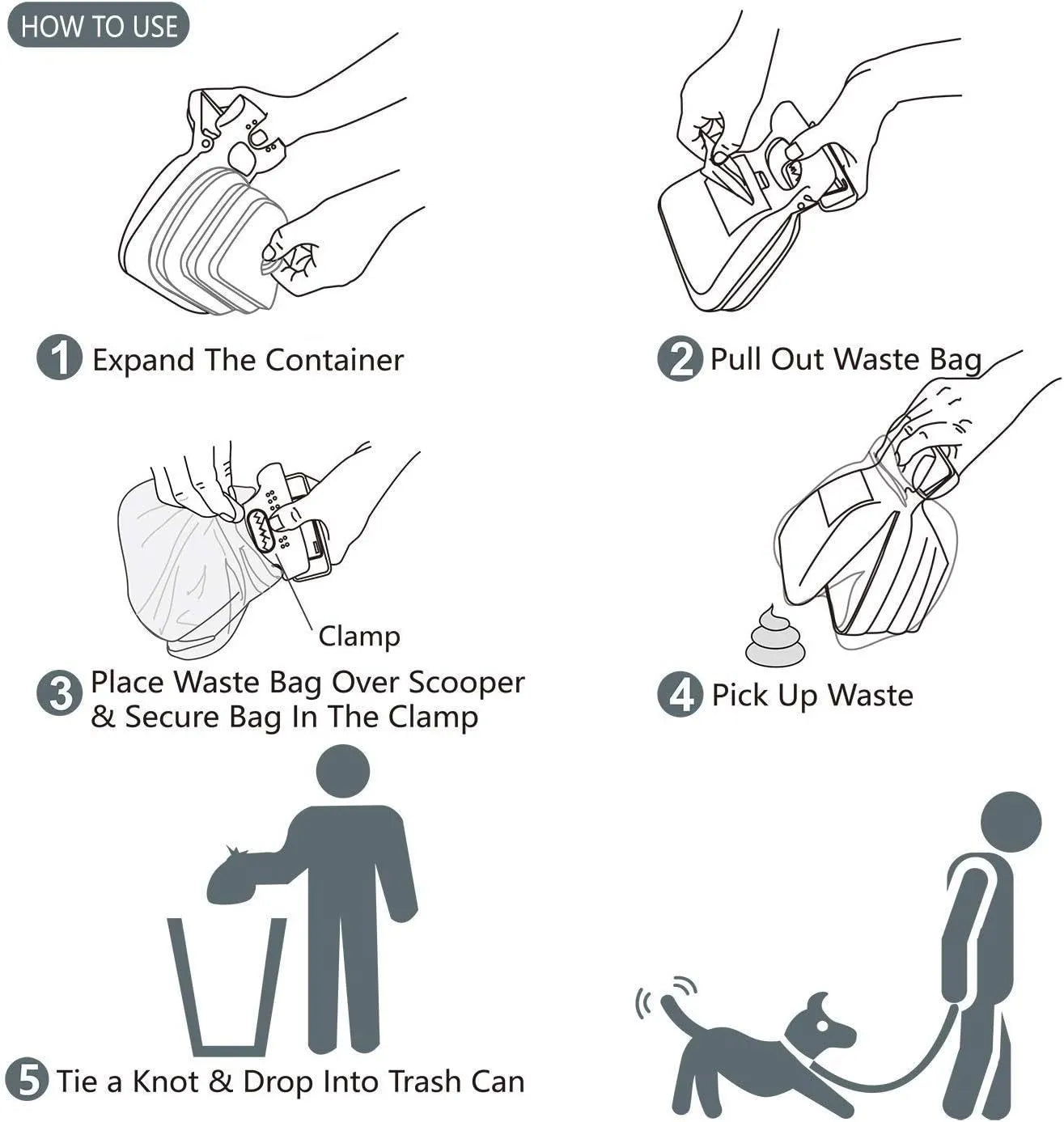 Blue portable dog pooper scooper with clip, shown unfolded with waste bag attached.