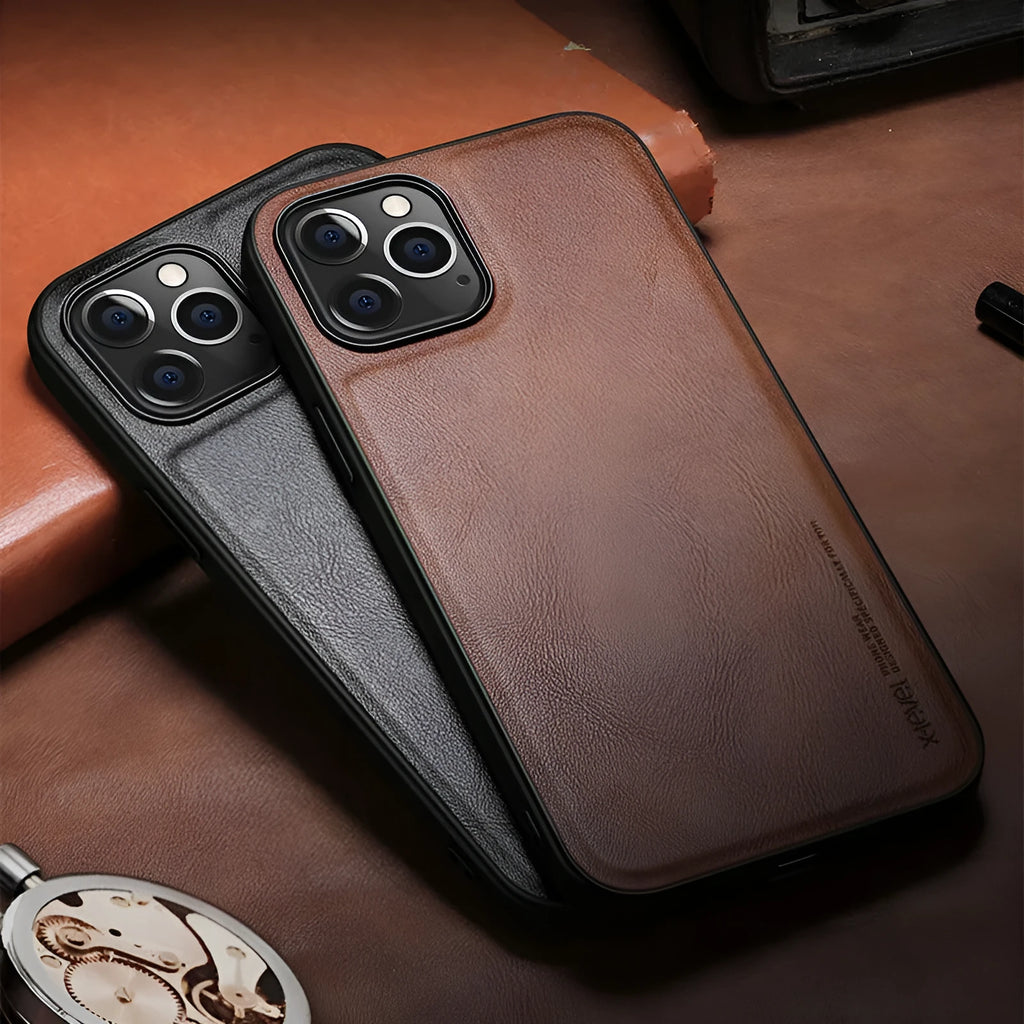 Black retro-style PU leather business phone case for iPhone 12 with visible TPU frame and lanyard holes