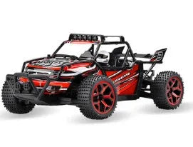 Blue 1:18 scale remote control off-road drift car with 2.4Ghz transmitter on a flat surface.