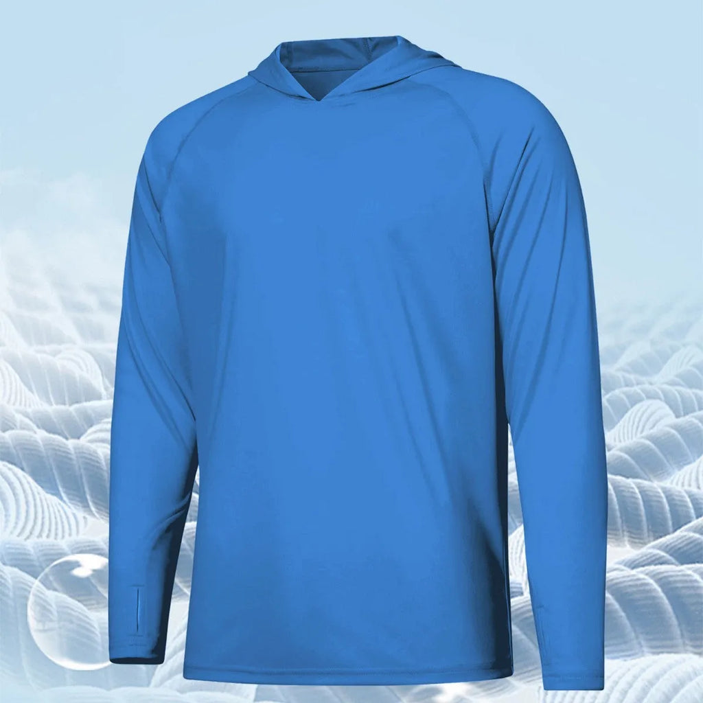 Thin polyester outdoor hooded top with long sleeves for fishing and hiking, shown in a solid colour.