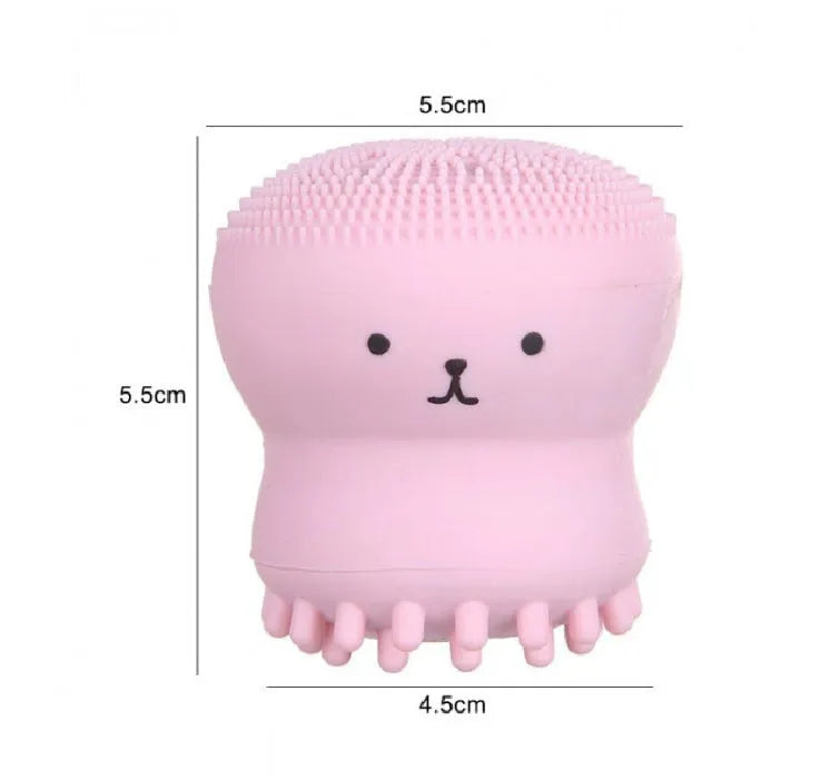 Cartoon octopus silicone foaming facial cleansing brush in pink for manual massage