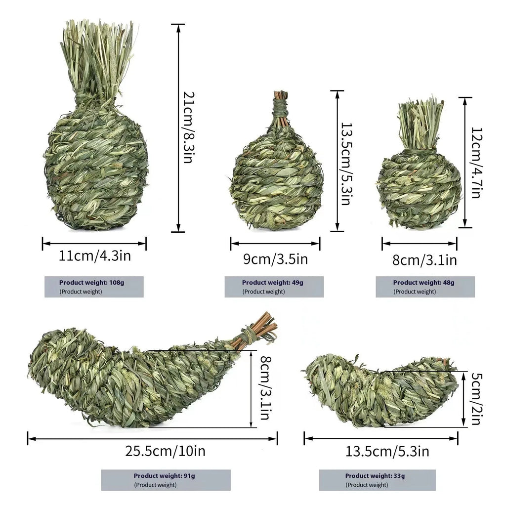 Natural timothy grass pet toy shaped like an eggplant, on a light background