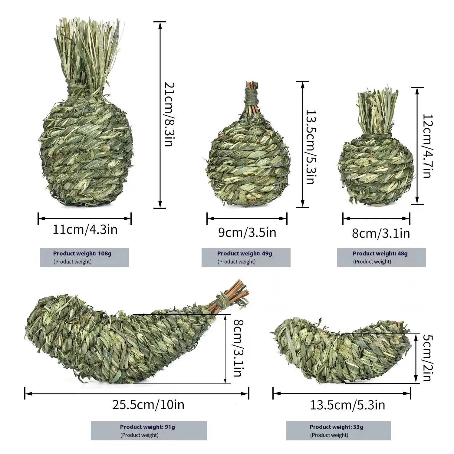 Natural timothy grass pet toy shaped like an eggplant, on a light background