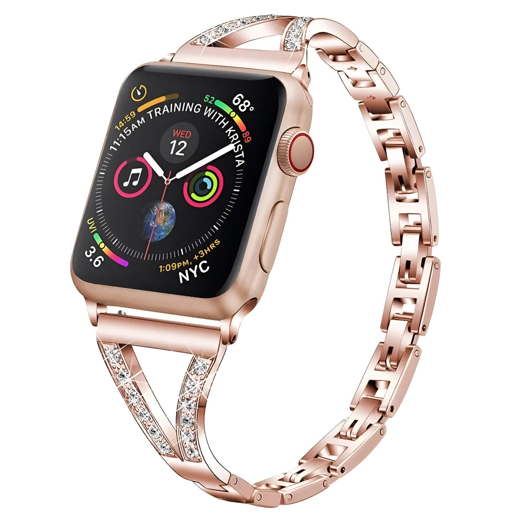 Stainless steel Apple Watch band with diamond studs in black, gold, pink, rose gold, and white colours.