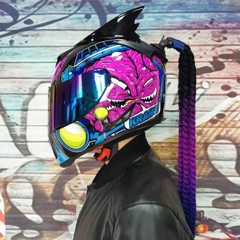 Dirty Braids pattern full face motorcycle helmet in ABS on a white background.