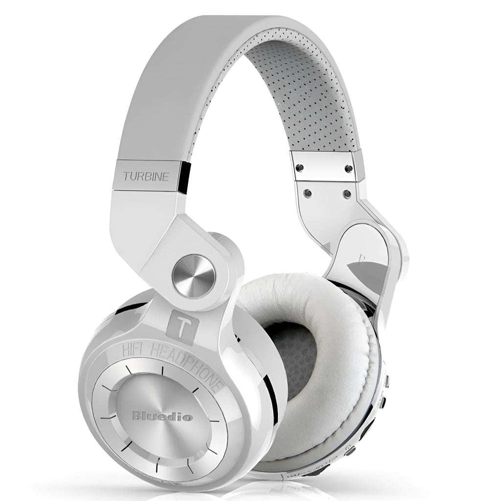 Compact card-sized Bluetooth headset in black colour with head-mounted earpieces, shown on a white background.